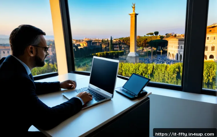 이머징 기술 보안 정책의 필요성 - Photorealistic modern Italian public-sector cybersecurity office in Rome, diverse policy experts rev...