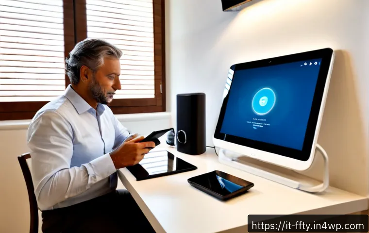 IoT 기기 관리의 보안 강화 - Photorealistic modern Italian home office, middle-aged homeowner using a tablet to securely manage c...